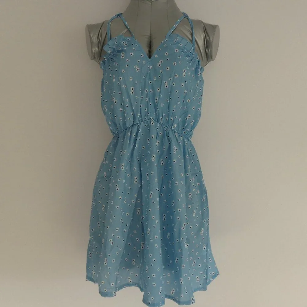 New! ZAFUL Forever Young - Floral Print Tie Mini Sundress - Light Blue - Size 6